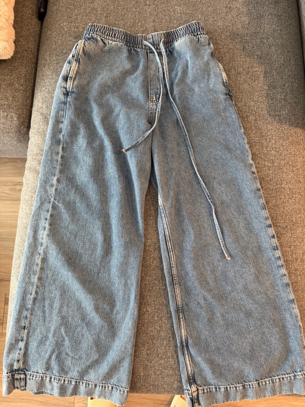 COS Wide Leg Drawstring Denim Pants in Light Blue